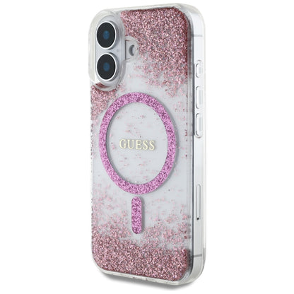 MagSafe Case for Apple iPhone 16, Guess, Resin Bottom Glitter, Pink