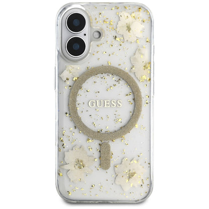 MagSafe Case for Apple iPhone 16, Guess, Resin Flowers and Glitter, Beige