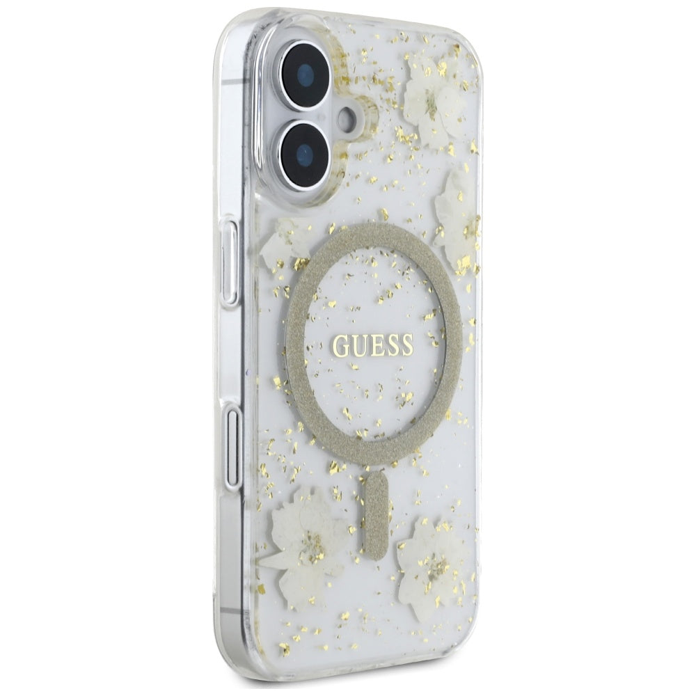 MagSafe Case for Apple iPhone 16, Guess, Resin Flowers and Glitter, Beige