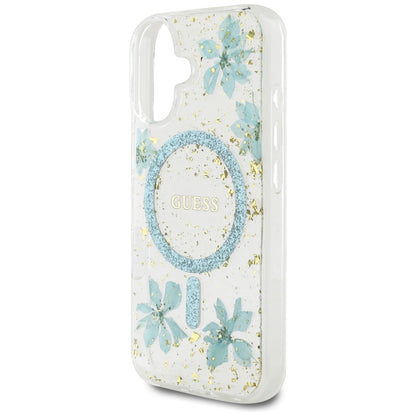 MagSafe Case for Apple iPhone 16, Guess, Resin Flowers and Glitter, Turquoise