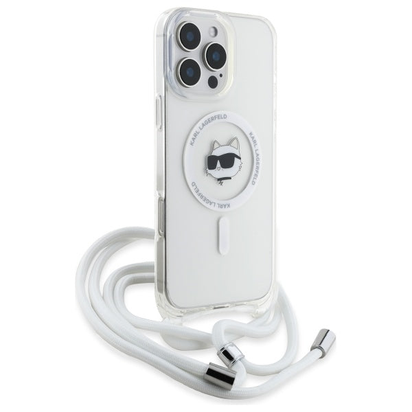 MagSafe Case for Apple iPhone 16, Karl Lagerfeld, IML Crossbody Choupette's Head with Strap, Transparent
