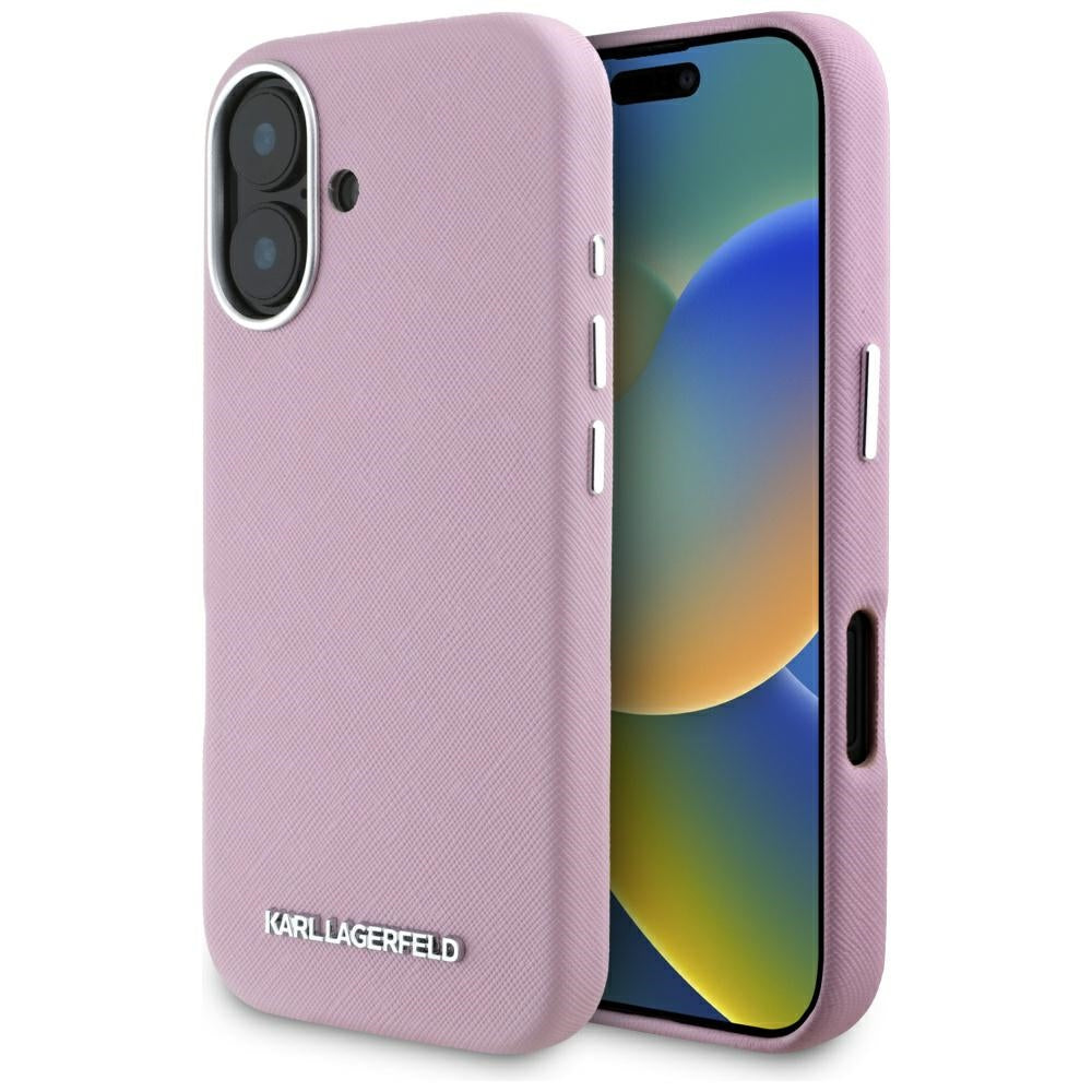 MagSafe Case for Apple iPhone 16, Karl Lagerfeld, Saffiano Full Wrapped Elongated Metal Logo, Pink