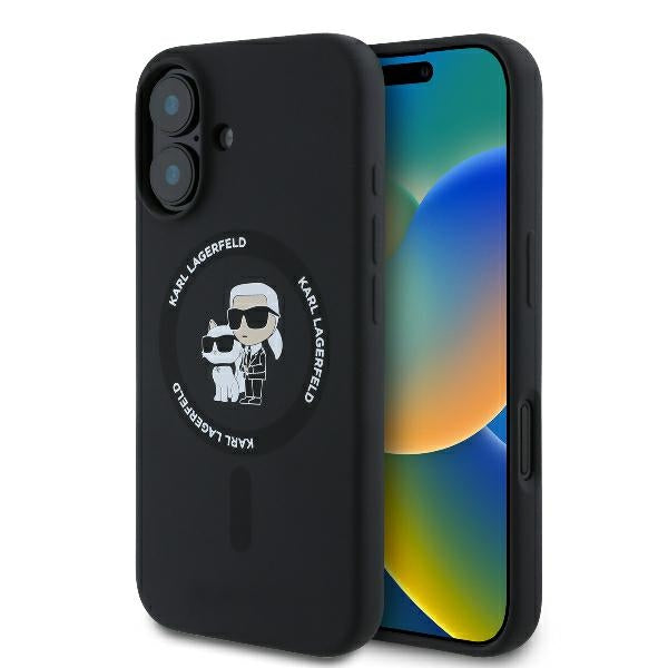 MagSafe Case for Apple iPhone 16 Plus, Karl Lagerfeld, Silicone Ring Karl & Choupette, Black