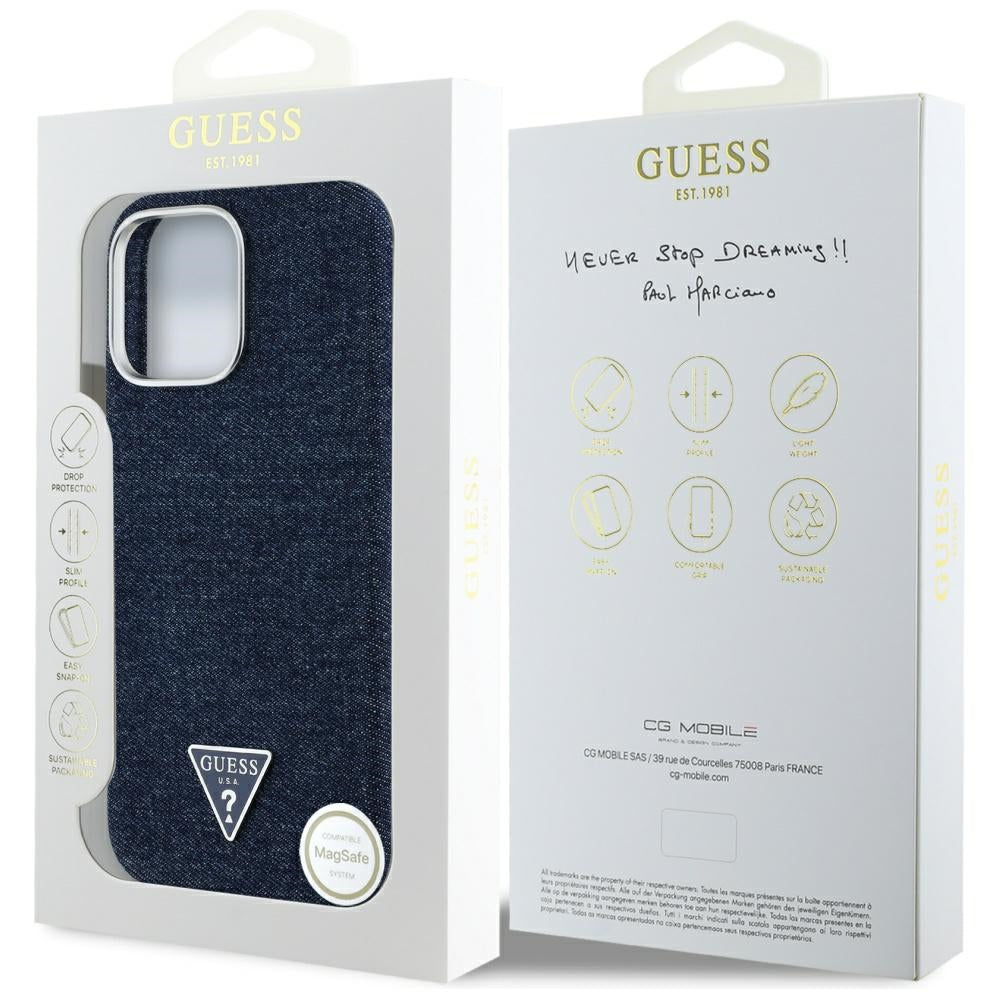 MagSafe Case for Apple iPhone 16 Pro, Guess, Denim Triangle Logo, Blue