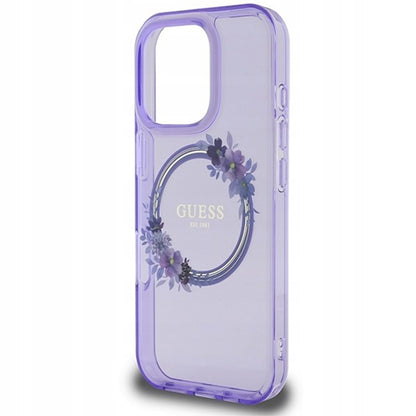 MagSafe Case for Apple iPhone 16 Pro, Guess, IML Flowers Wreath, Purple