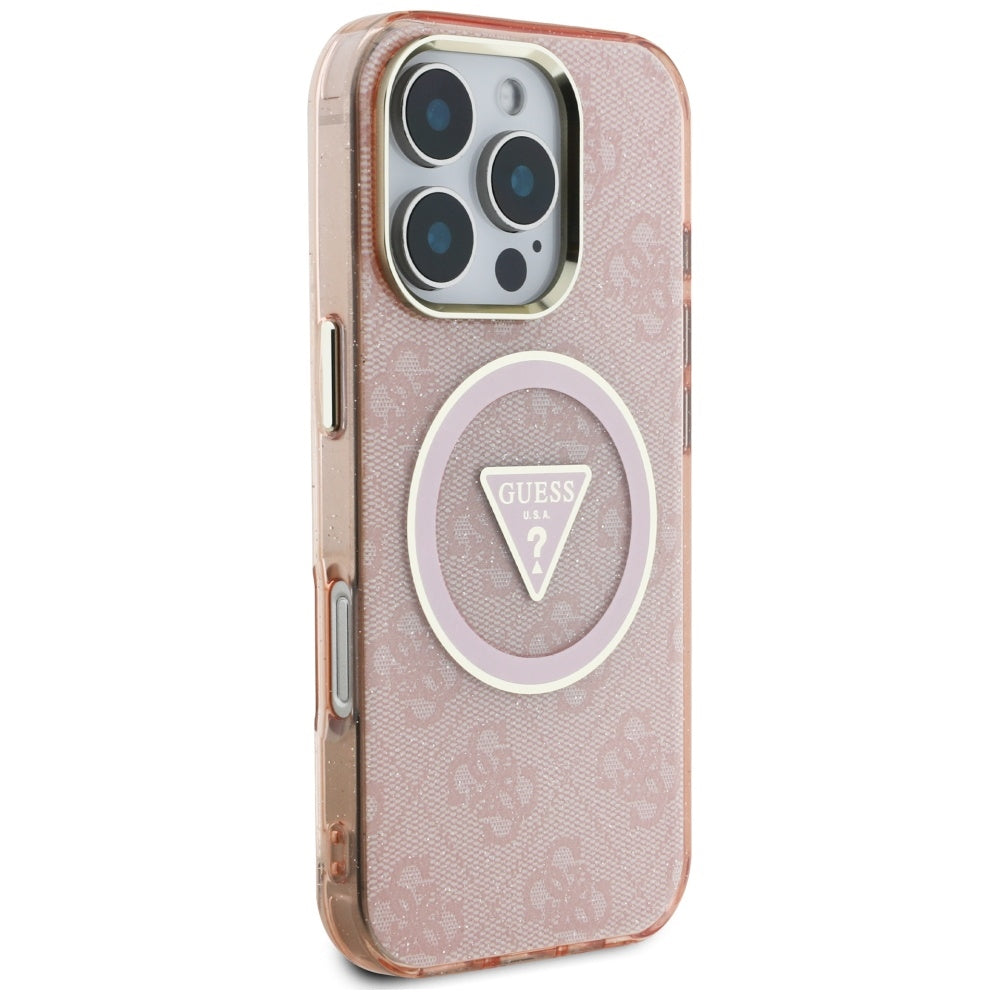 MagSafe Case for Apple iPhone 16 Pro, Guess, IML Glitter 4G Circle Triangle, Pink