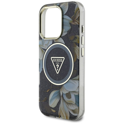 MagSafe Case for Apple iPhone 16 Pro, Guess, IML Metal Glitter Flowers Triangle, Black