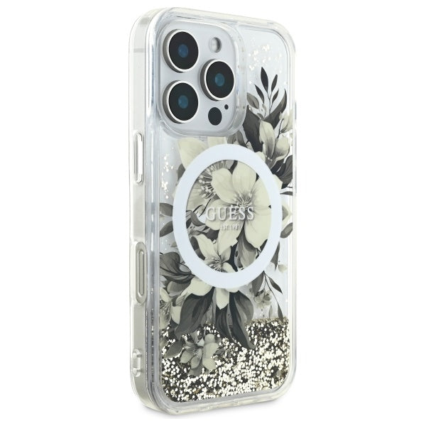 MagSafe Case for Apple iPhone 16 Pro, Guess, Liquid Glitter Flower, Beige