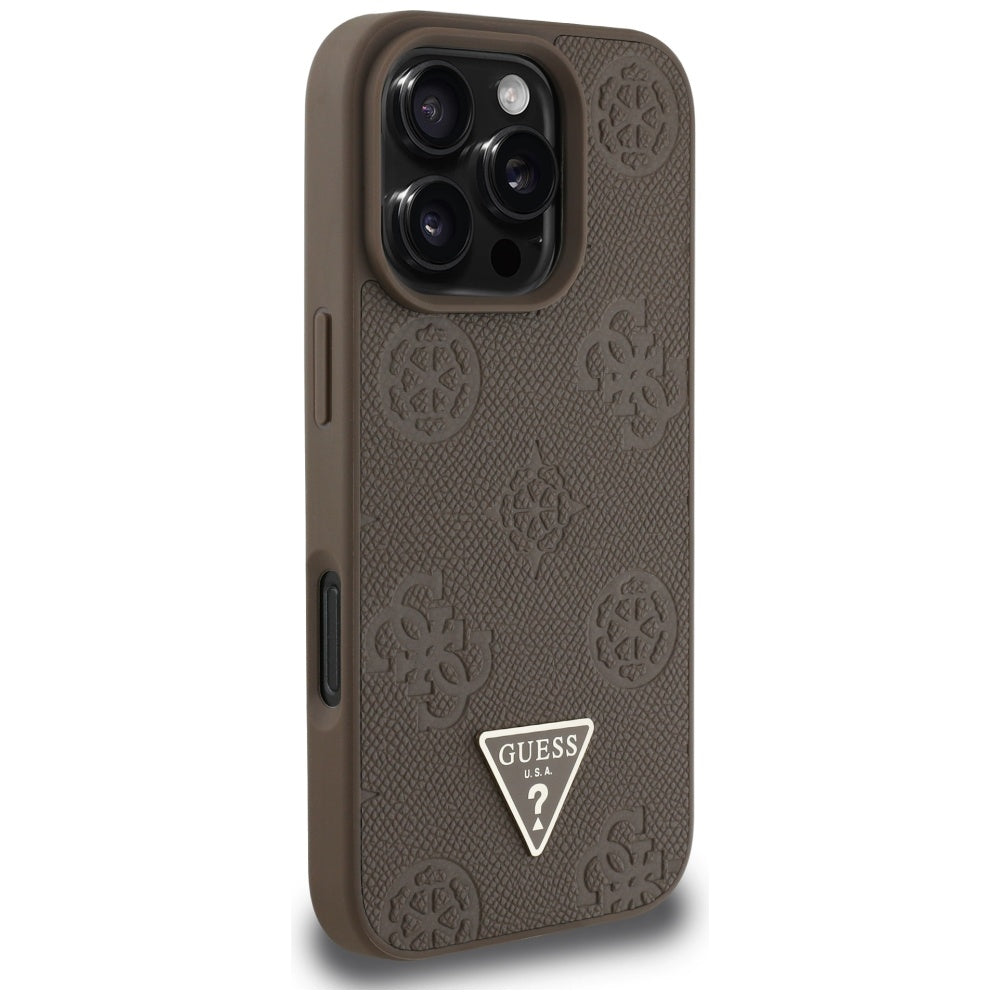 MagSafe Case for Apple iPhone 16 Pro, Guess, Peony Grained Hot Stamp Triangle, Brown