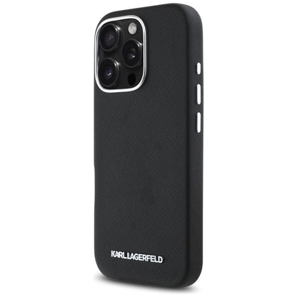 MagSafe Case for Apple iPhone 16 Pro, Karl Lagerfeld, Saffiano Full Wrapped Elongated Metal Logo, Black