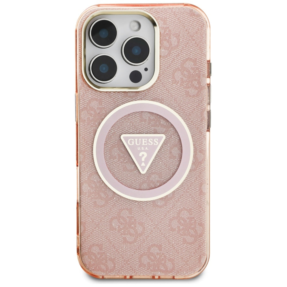MagSafe Case for Apple iPhone 16 Pro Max, Guess, IML Glitter 4G Circle Triangle, Pink