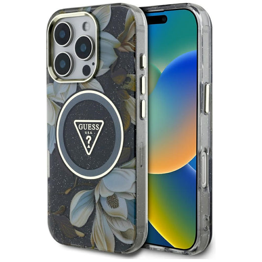 MagSafe Case for Apple iPhone 16 Pro Max, Guess, IML Metal Glitter Flowers Triangle, Black