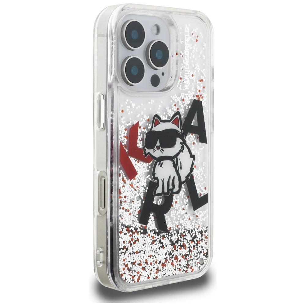 MagSafe Case for Apple iPhone 16 Pro Max, Karl Lagerfeld, Liquid Glitter Choupette Logo, Transparent