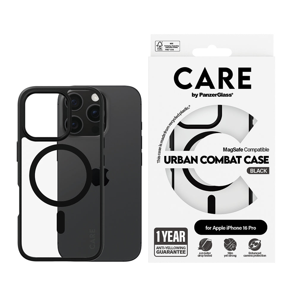 MagSafe Case for Apple iPhone 16 Pro Max, PanzerGlass, Urban Combat Care, Black Transparent