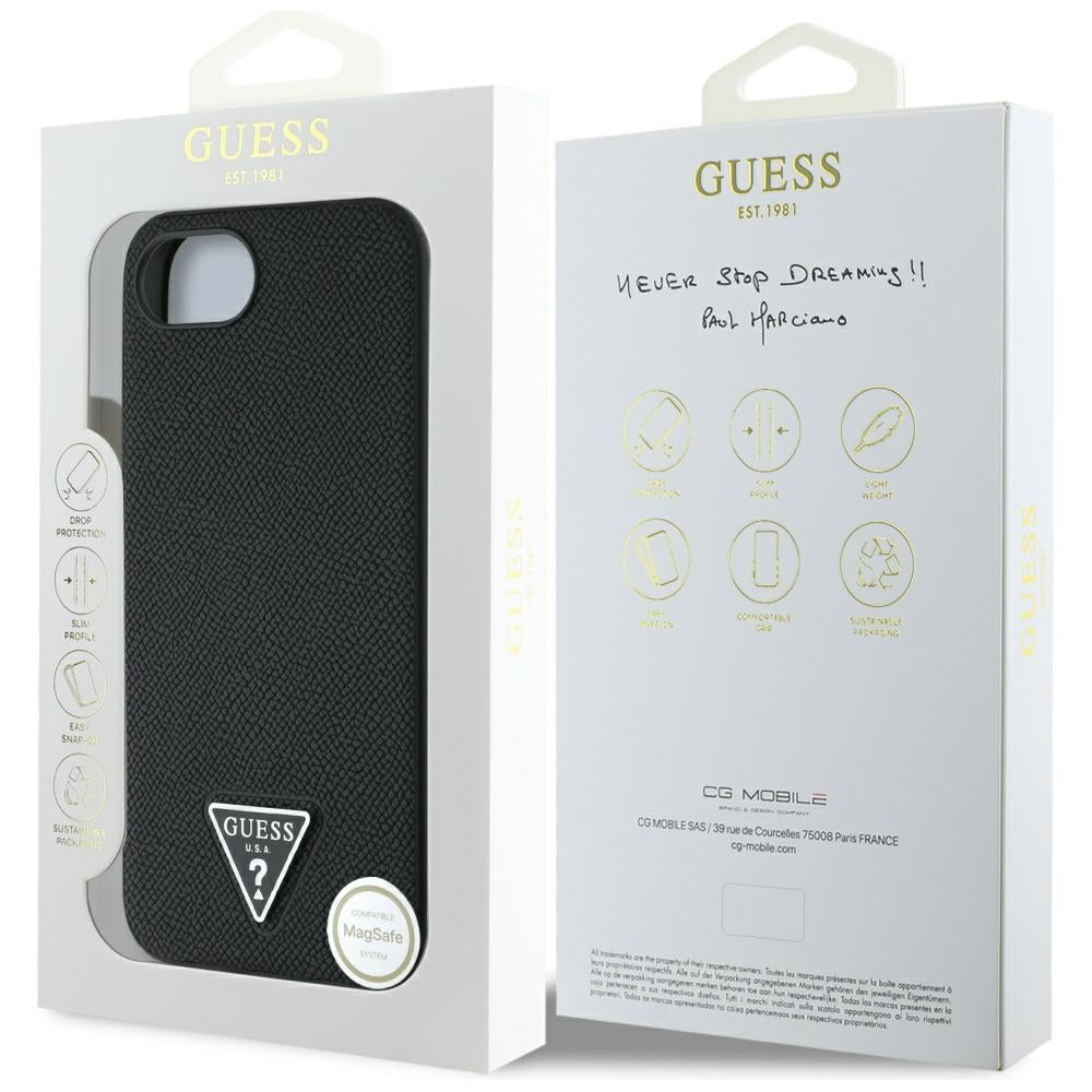 MagSafe Case for Apple iPhone 16e, Guess, Grained Triangle Logo, Black