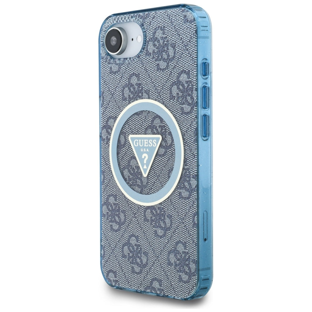 MagSafe Case for Apple iPhone 16e, Guess, IML Glitter 4G Circle Triangle, Blue