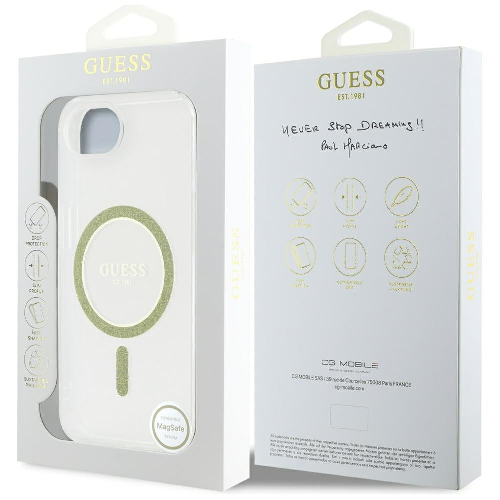 MagSafe Case for Apple iPhone 16e, Guess, IML Glitter Circle, Transparent