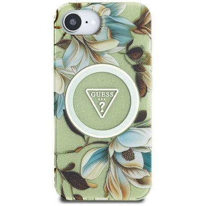 MagSafe Case for Apple iPhone 16e, Guess, IML Metal Glitter Flowers Triangle, Green