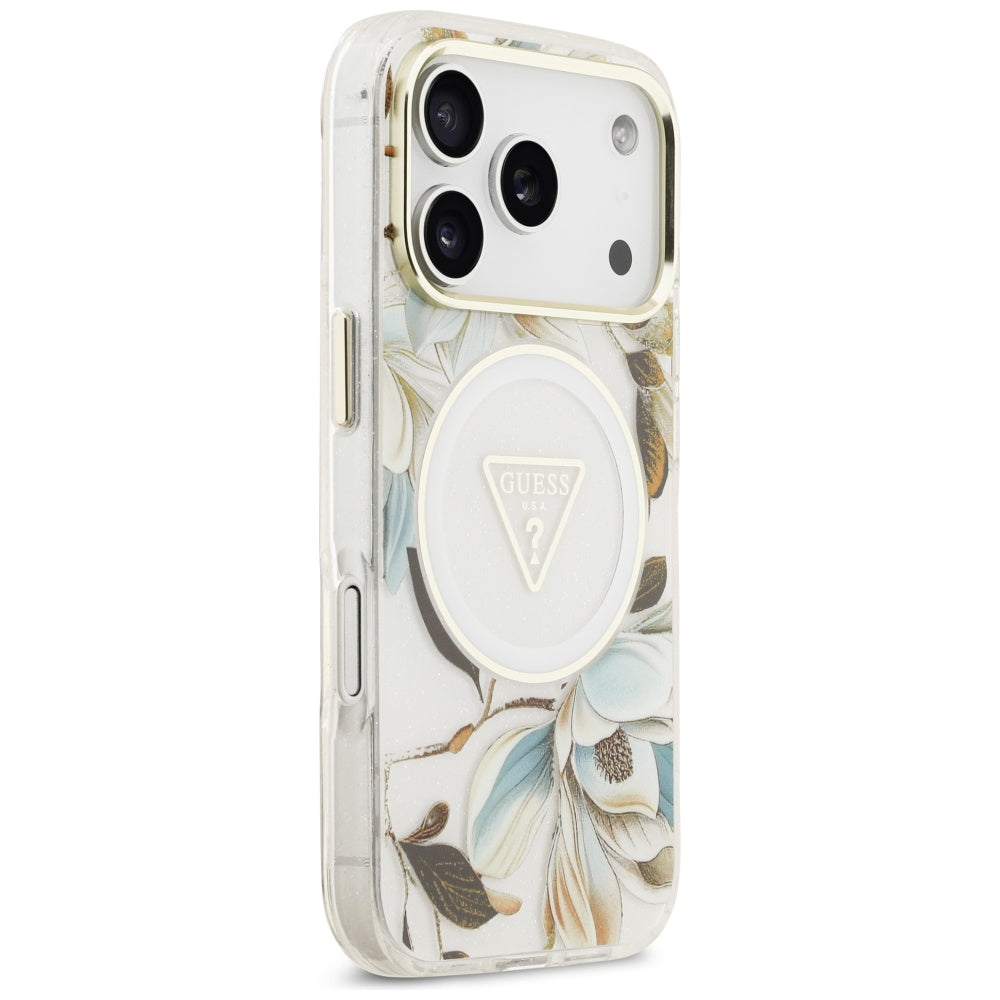 MagSafe Case for Apple iPhone 17 Pro, Guess, IML Metal Glitter Flowers Triangle, White