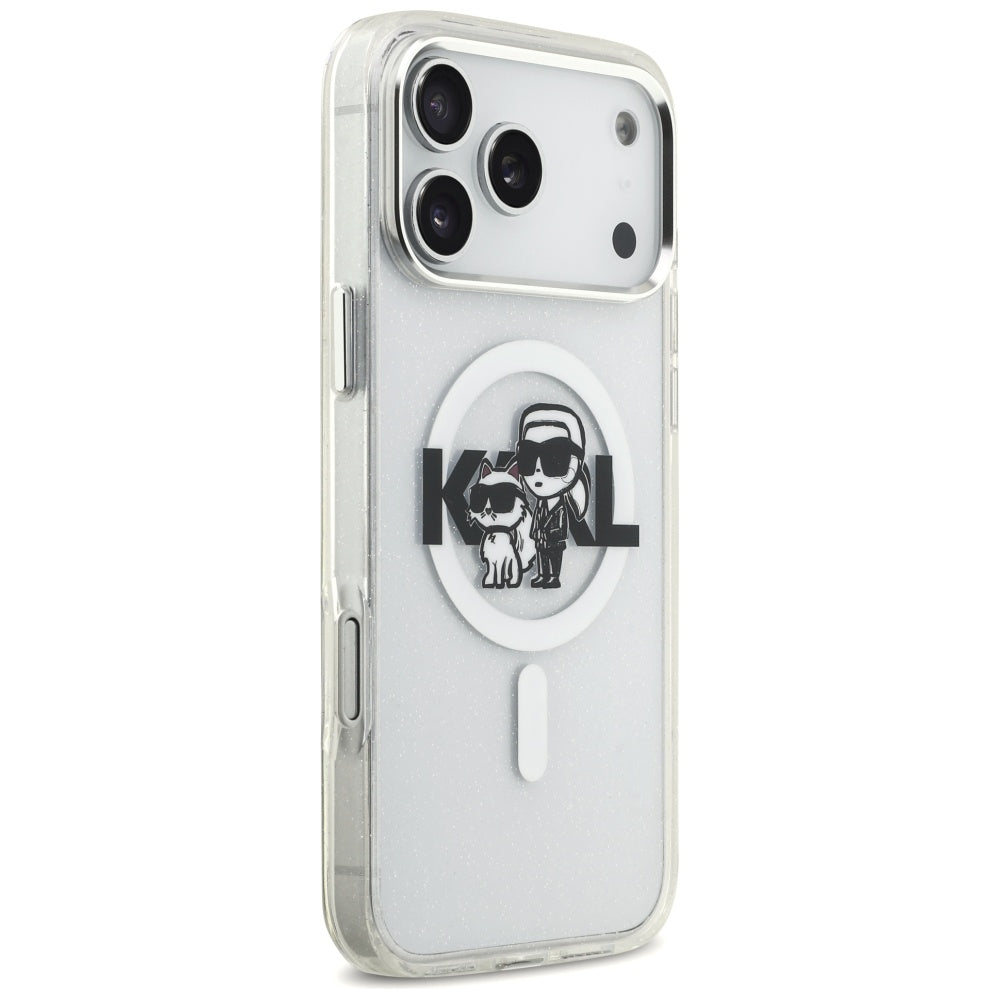 MagSafe Case for Apple iPhone 17 Pro Max, Karl Lagerfeld, IML Sketch Logo Glitter Karl & Choupette, Transparent
