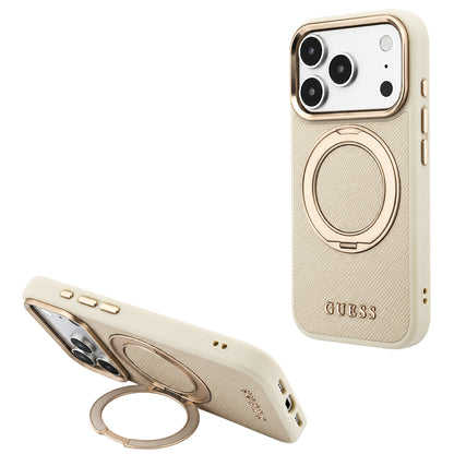 MagSafe Case for Apple iPhone 18 Pro / 17 Pro, Guess, Grained Ring Stand 360 Classic, Beige