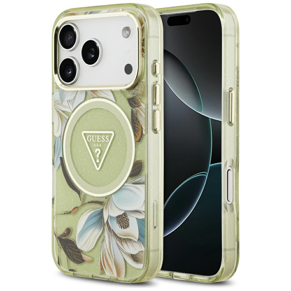 MagSafe Case for Apple iPhone 18 Pro / 17 Pro, Guess, IML Metal Glitter Flowers Triangle, Green