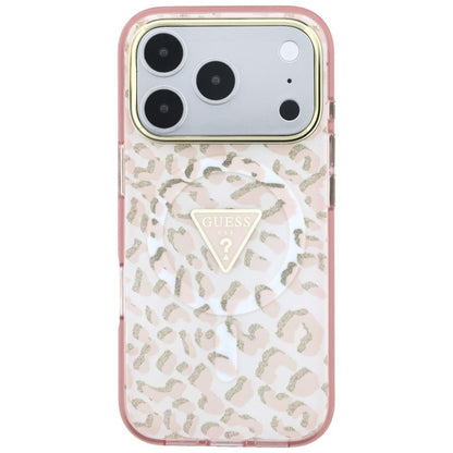 MagSafe Case for Apple iPhone 18 Pro / 17 Pro, Guess, Leopard Glitter Triangle Logo, Pink