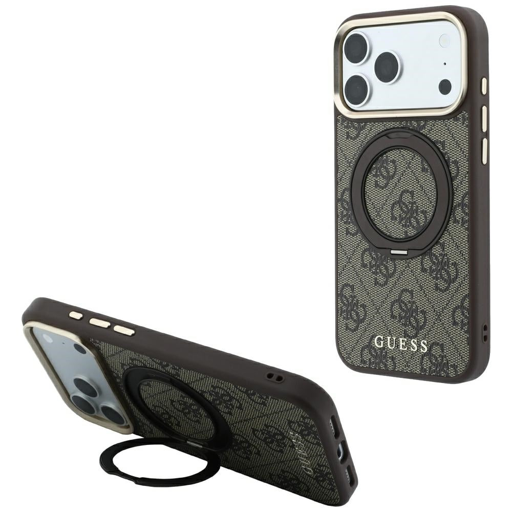 MagSafe Case for Apple iPhone 18 Pro / 17 Pro, Guess, Ring Stand 360 4G Classic Logo, Brown