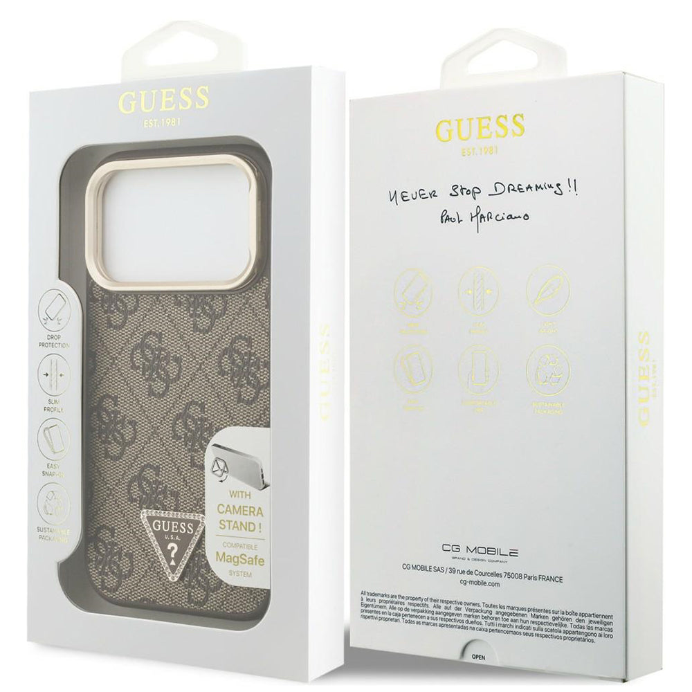 MagSafe Case for Apple iPhone 18 Pro Max / 17 Pro Max, Guess, 4G Triangle Logo & Camera Stand, Brown
