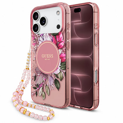 MagSafe Case for Apple iPhone 18 Pro Max / 17 Pro Max, Guess, IML Flowers with Pearl Strap, Pink