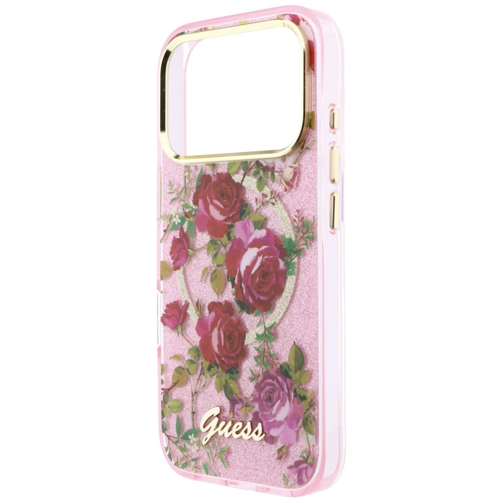 MagSafe Case for Apple iPhone 18 Pro Max / 17 Pro Max, Guess, IML Glitter Blossom Roses, Pink