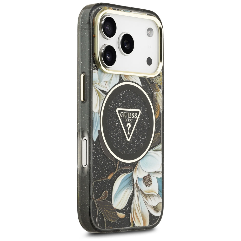 MagSafe Case for Apple iPhone 18 Pro Max / 17 Pro Max, Guess, IML Metal Glitter Flowers Triangle, Black