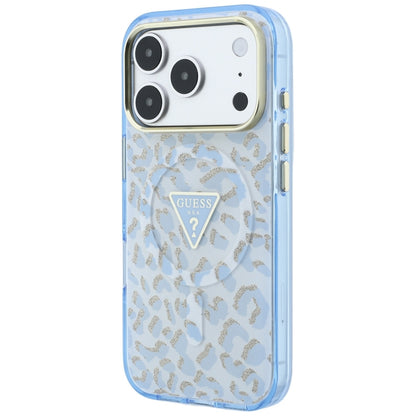 MagSafe Case for Apple iPhone 18 Pro Max / 17 Pro Max, Guess, Leopard Glitter Triangle Logo, Blue