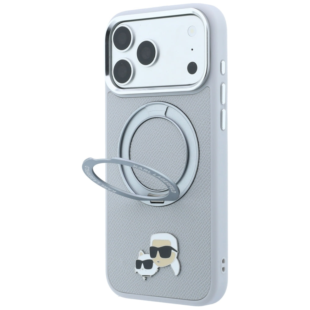 MagSafe Case for Apple iPhone 18 Pro Max / 17 Pro Max, Karl Lagerfeld, Ring Stand 360 Karl & Choupette Pin, Gray