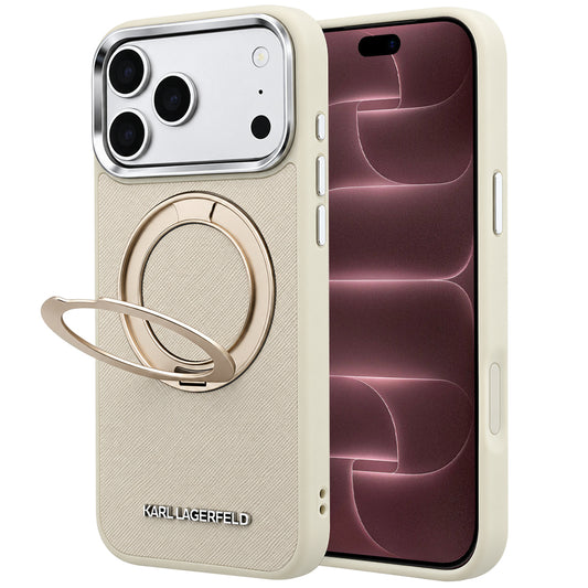 MagSafe Case for Apple iPhone 18 Pro Max / 17 Pro Max, Karl Lagerfeld, Ring Stand 360 Saffiano, Beige