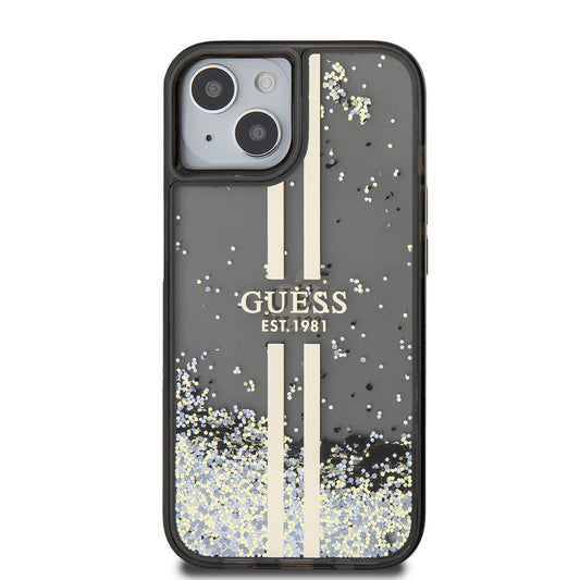 Case for Apple iPhone 15, Guess, Liquid Glitter Gold Stripes, Black