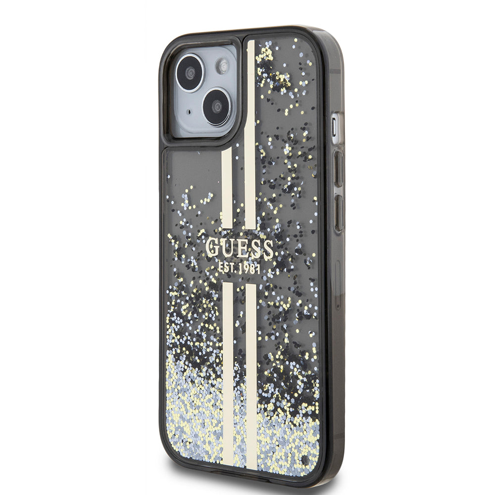 Case for Apple iPhone 15, Guess, Liquid Glitter Gold Stripes, Black