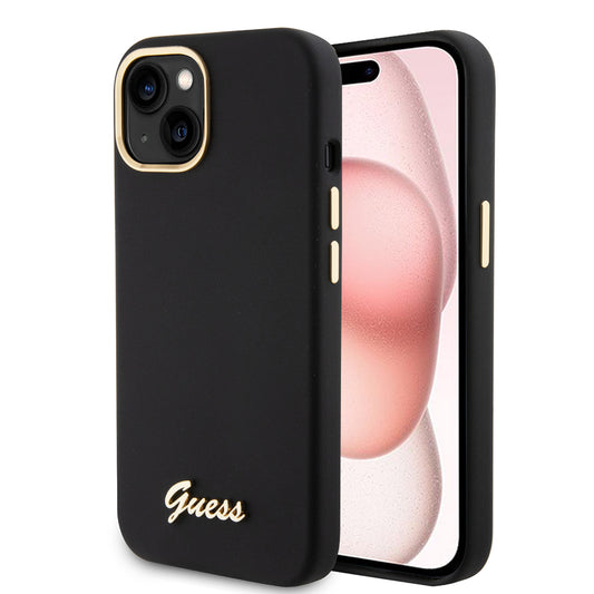 Case for Apple iPhone 15, Guess, Script Metal Logo & Frame, Black