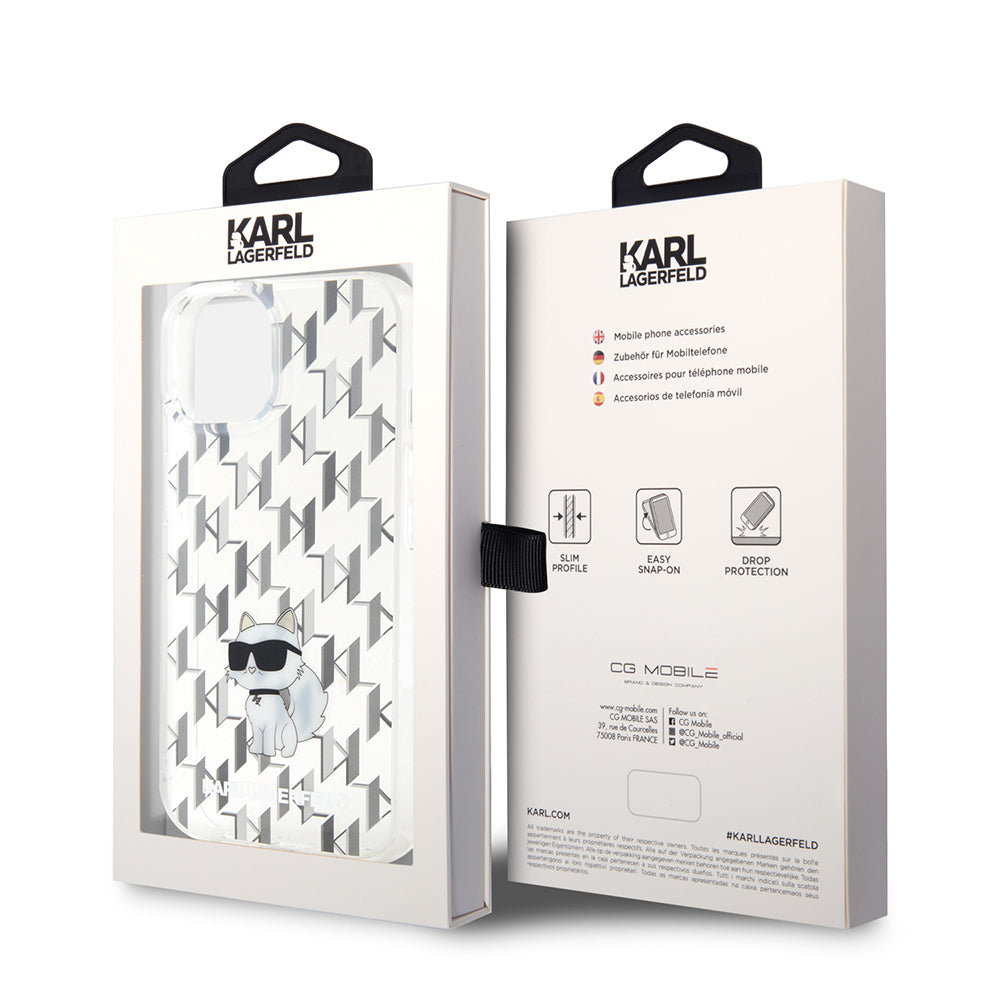 Case for Apple iPhone 15, Karl Lagerfeld, Monogram Choupette, Transparent