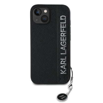 Case for Apple iPhone 15, Karl Lagerfeld, Saffiano Rhinestones & Charm, Black