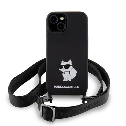 Case for Apple iPhone 15, Karl Lagerfeld, Silicone Crossbody Choupette, Black