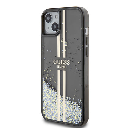 Case for Apple iPhone 15 Plus, Guess, Liquid Glitter Gold Stripes, Black