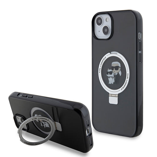 Case for Apple iPhone 15 Plus, Karl Lagerfeld, Ringstand Karl & Choupette, Black
