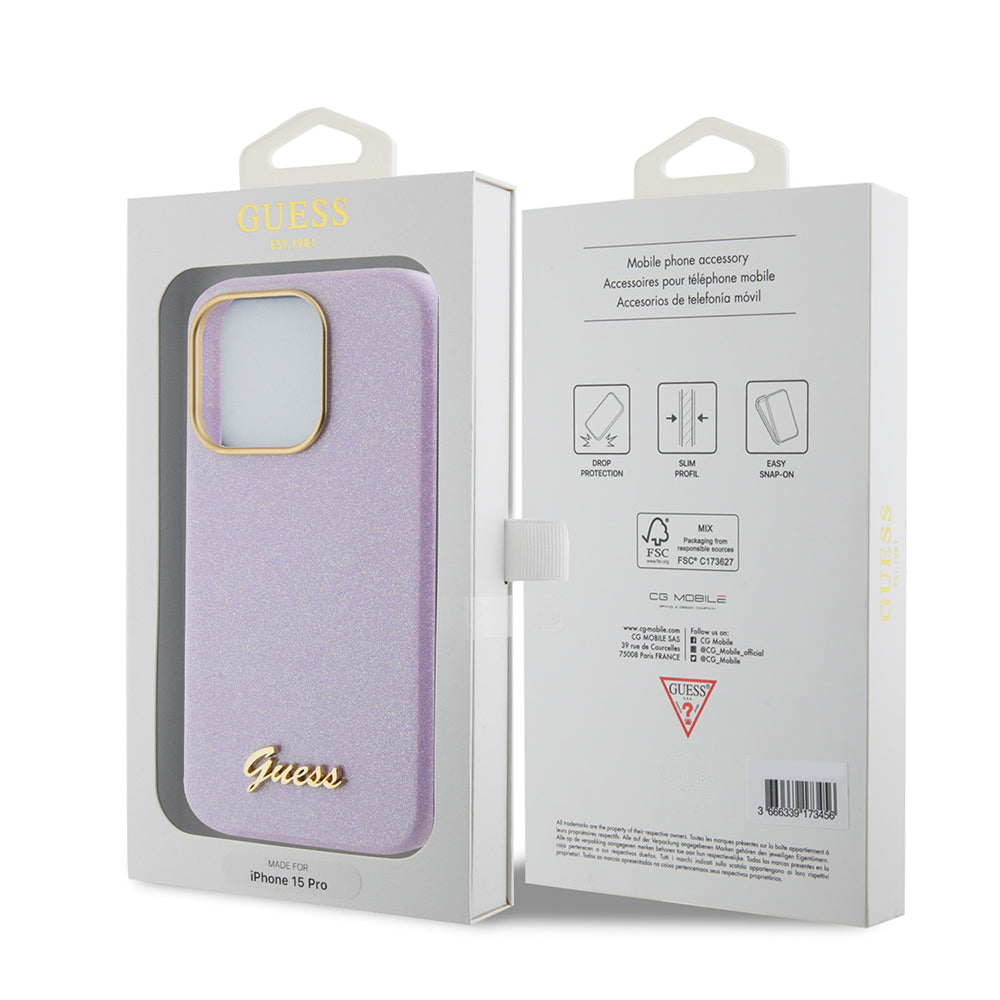 Case for Apple iPhone 15 Pro, Guess, Glitter Glossy Script, Light Purple