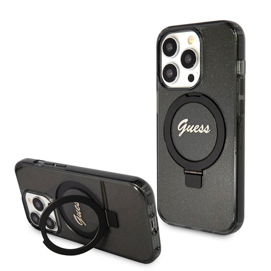MagSafe Case for Apple iPhone 15 Pro, Guess, IML Ring Stand Glitter, Black