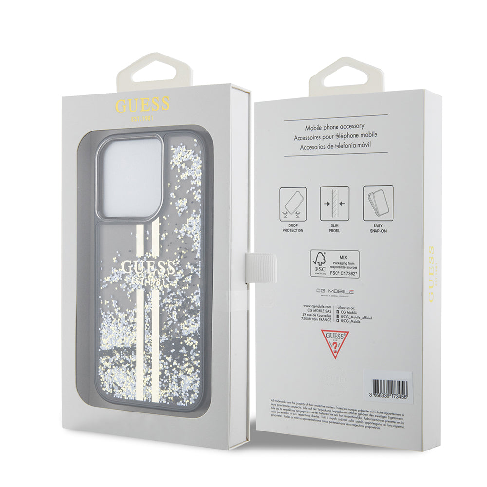 Case for Apple iPhone 15 Pro, Guess, Liquid Glitter Gold Stripe, Black