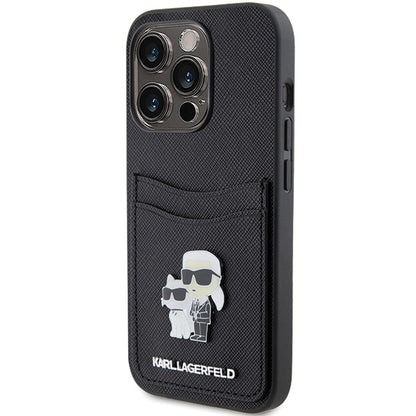Case for Apple iPhone 15 Pro, Karl Lagerfeld, Saffiano Card Slot Metal Karl & Choupette, Black