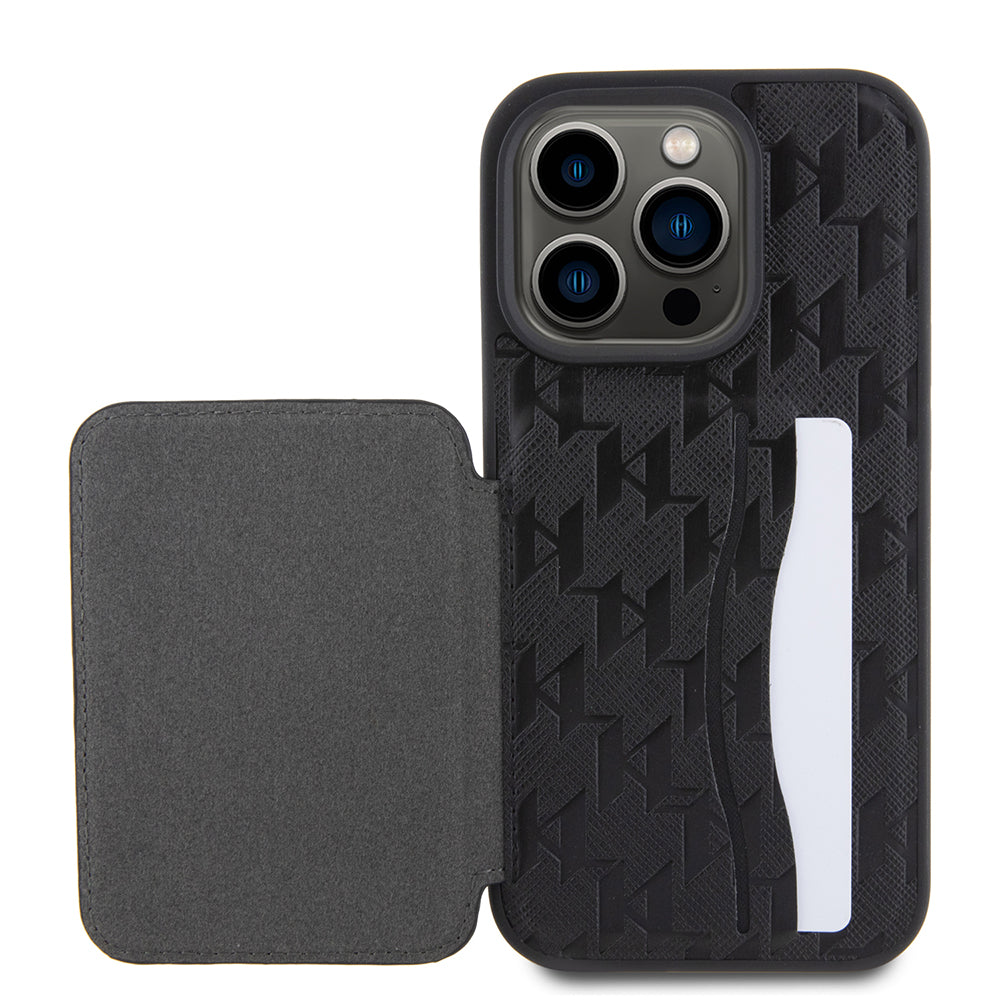 Case for Apple iPhone 15 Pro, Karl Lagerfeld, Saffiano Cardslots and Stand Monogram Choupette, Black