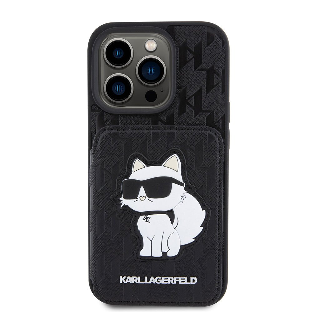 Case for Apple iPhone 15 Pro, Karl Lagerfeld, Saffiano Cardslots and Stand Monogram Choupette, Black
