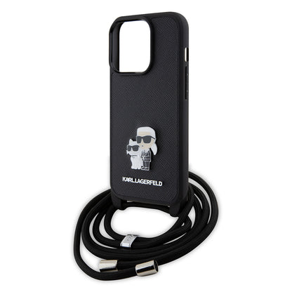 Case for Apple iPhone 15 Pro, Karl Lagerfeld, Saffiano Crossbody Metal Pin Karl & Choupette, Black